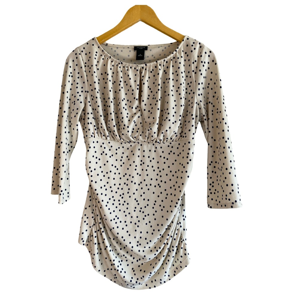 Ann Taylor Polka Dot Empire Waist Blouse Cream Navy Blue‎ 3/4 Sleeve Medium